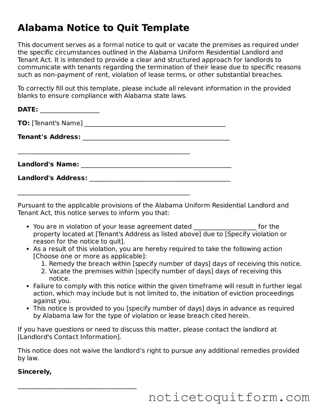 Valid  Notice to Quit Document for Alabama