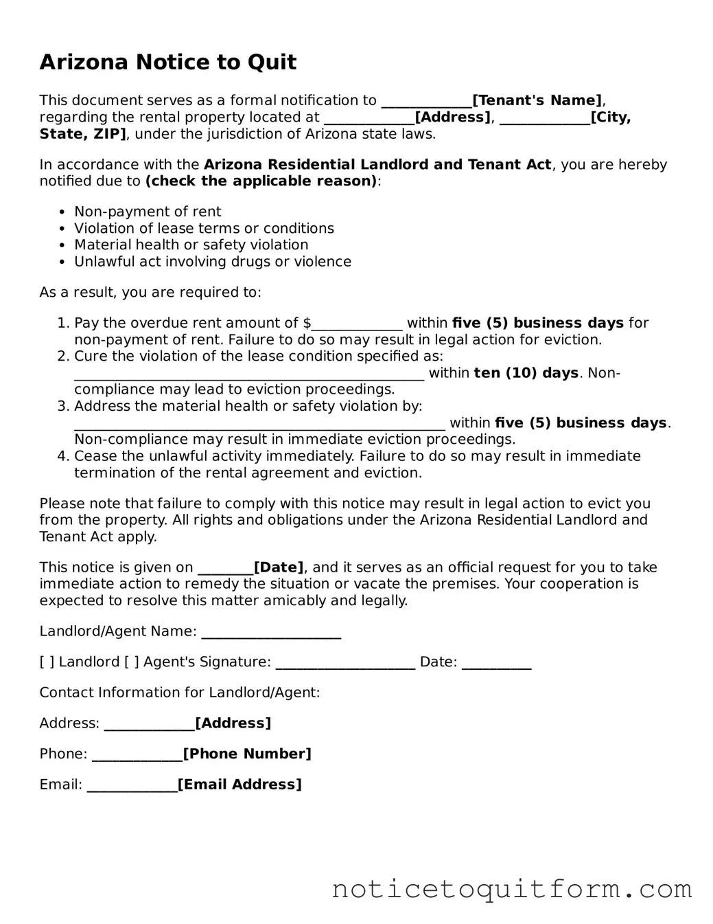 Valid  Notice to Quit Document for Arizona