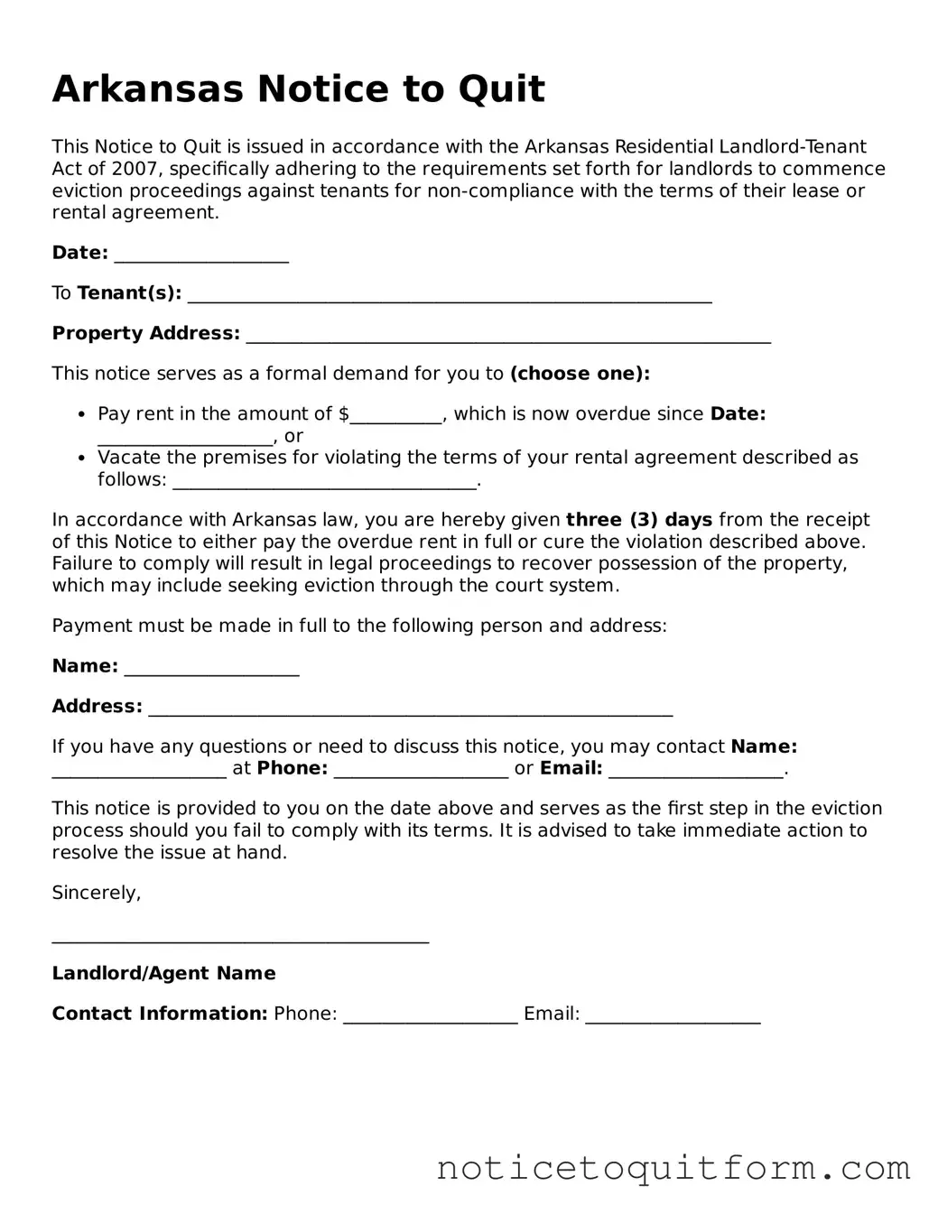 Valid  Notice to Quit Document for Arkansas