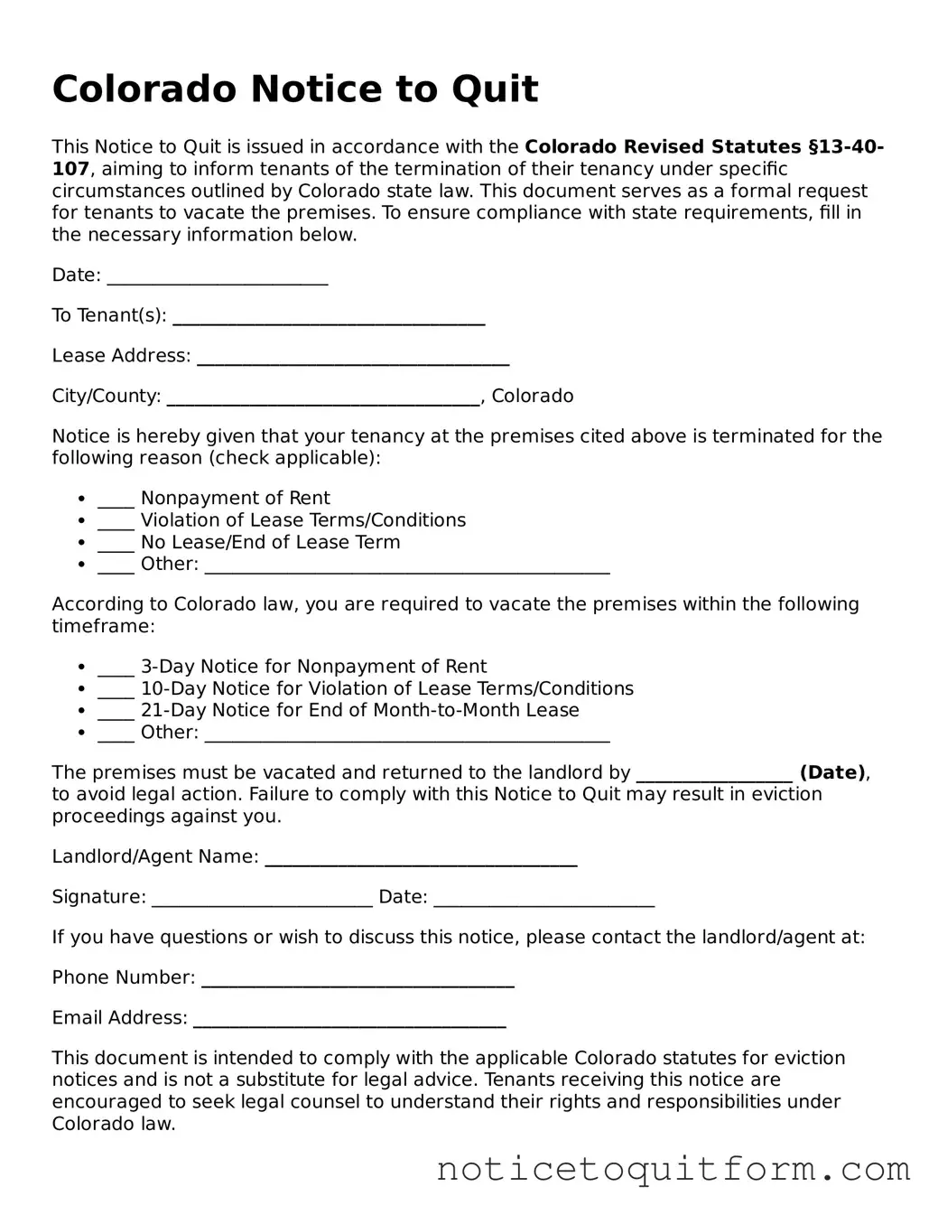Valid  Notice to Quit Document for Colorado