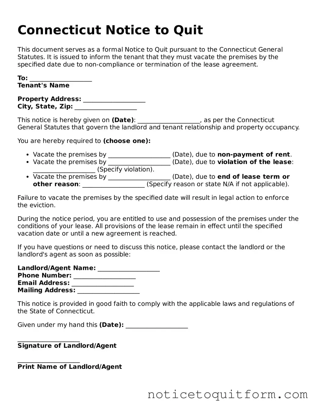 Valid  Notice to Quit Document for Connecticut