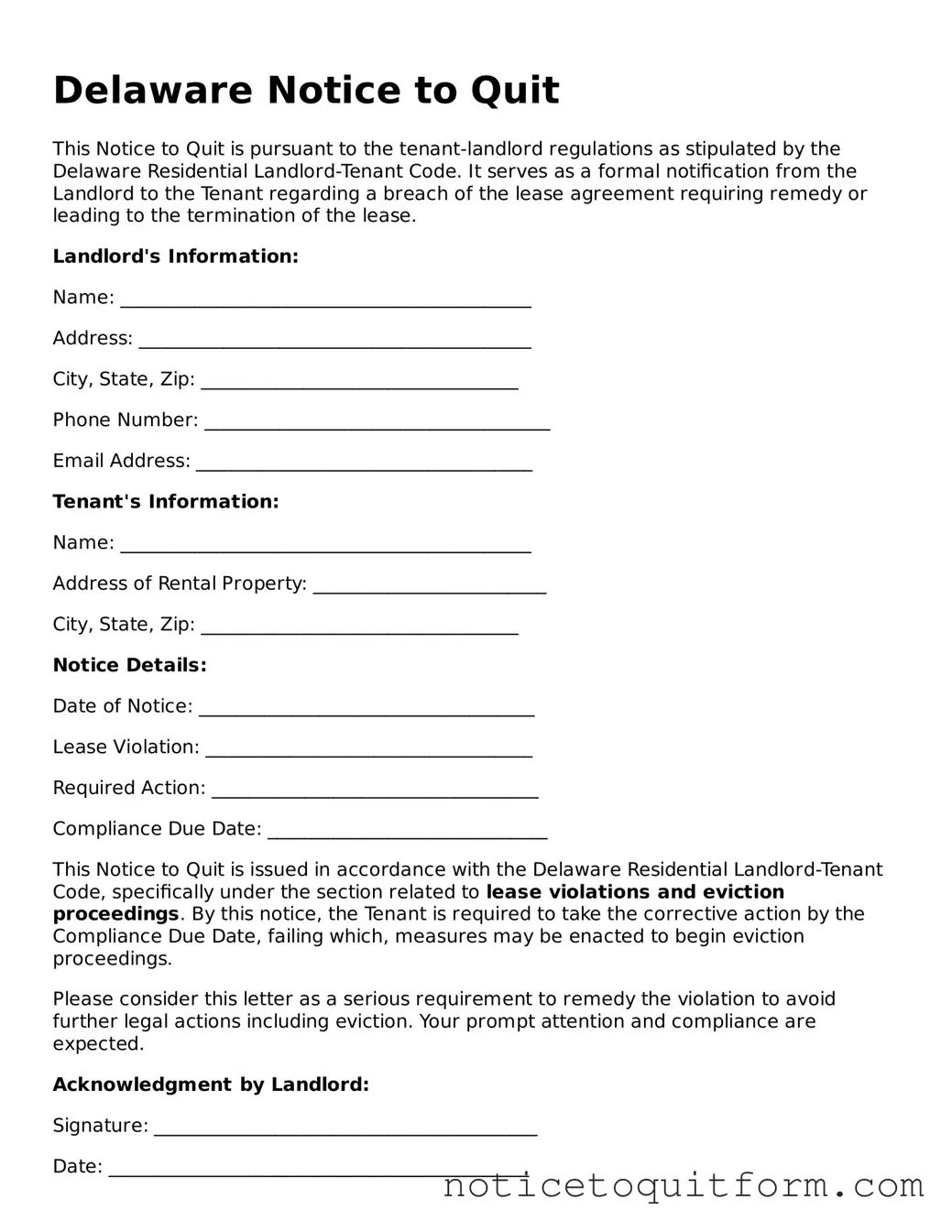 Valid  Notice to Quit Document for Delaware