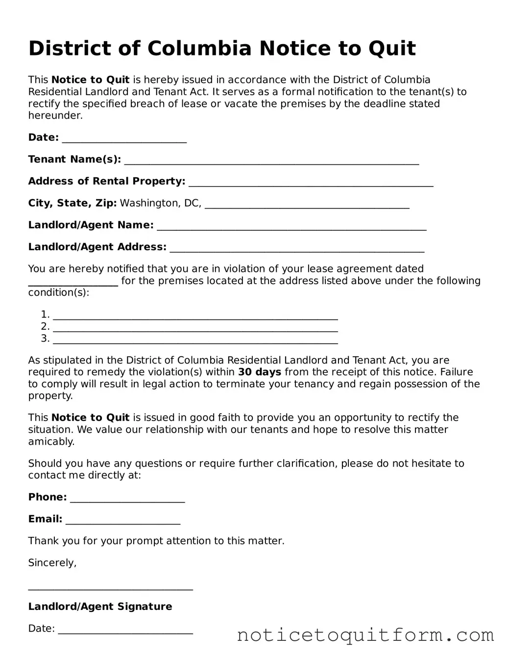 Valid  Notice to Quit Document for District of Columbia