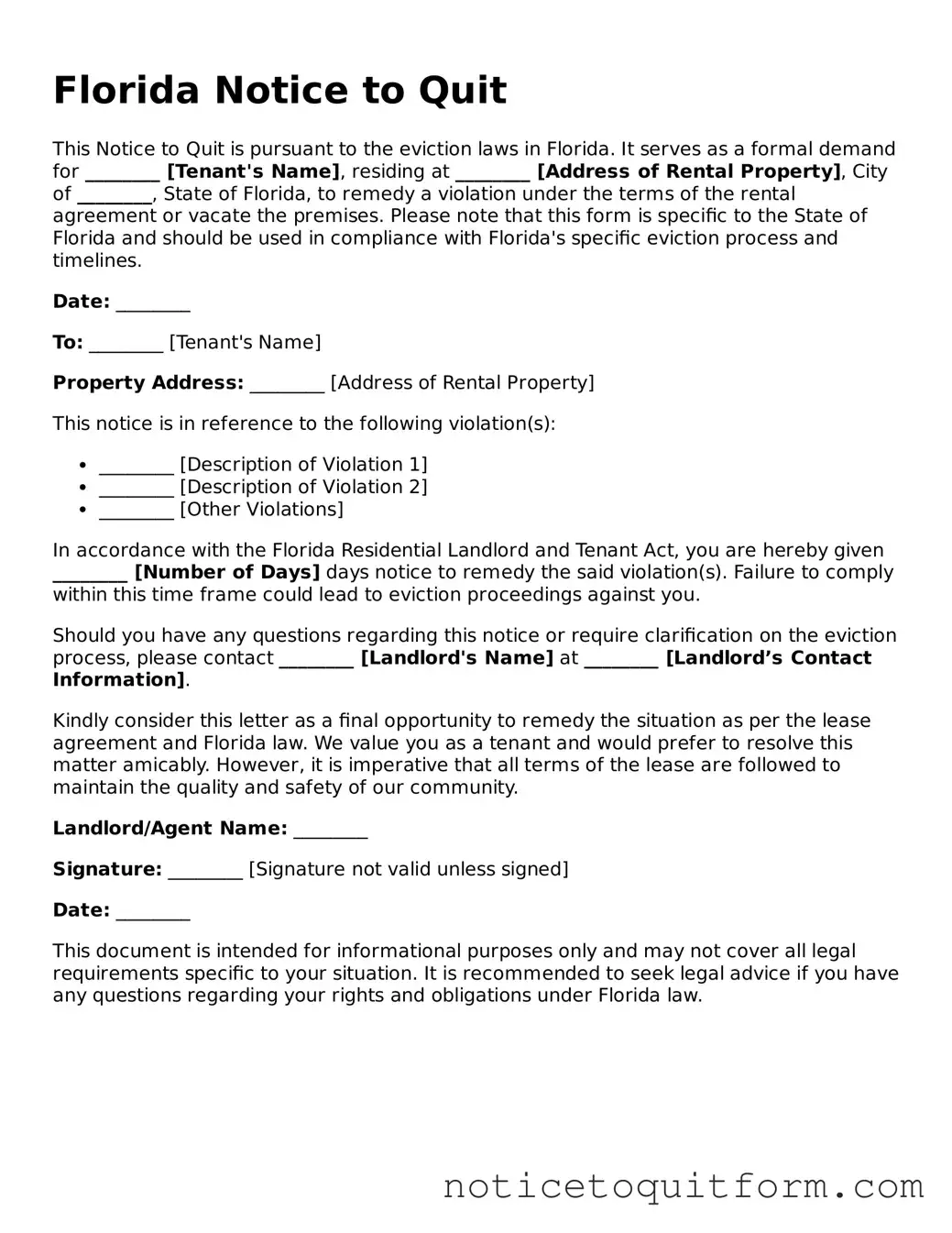Valid  Notice to Quit Document for Florida