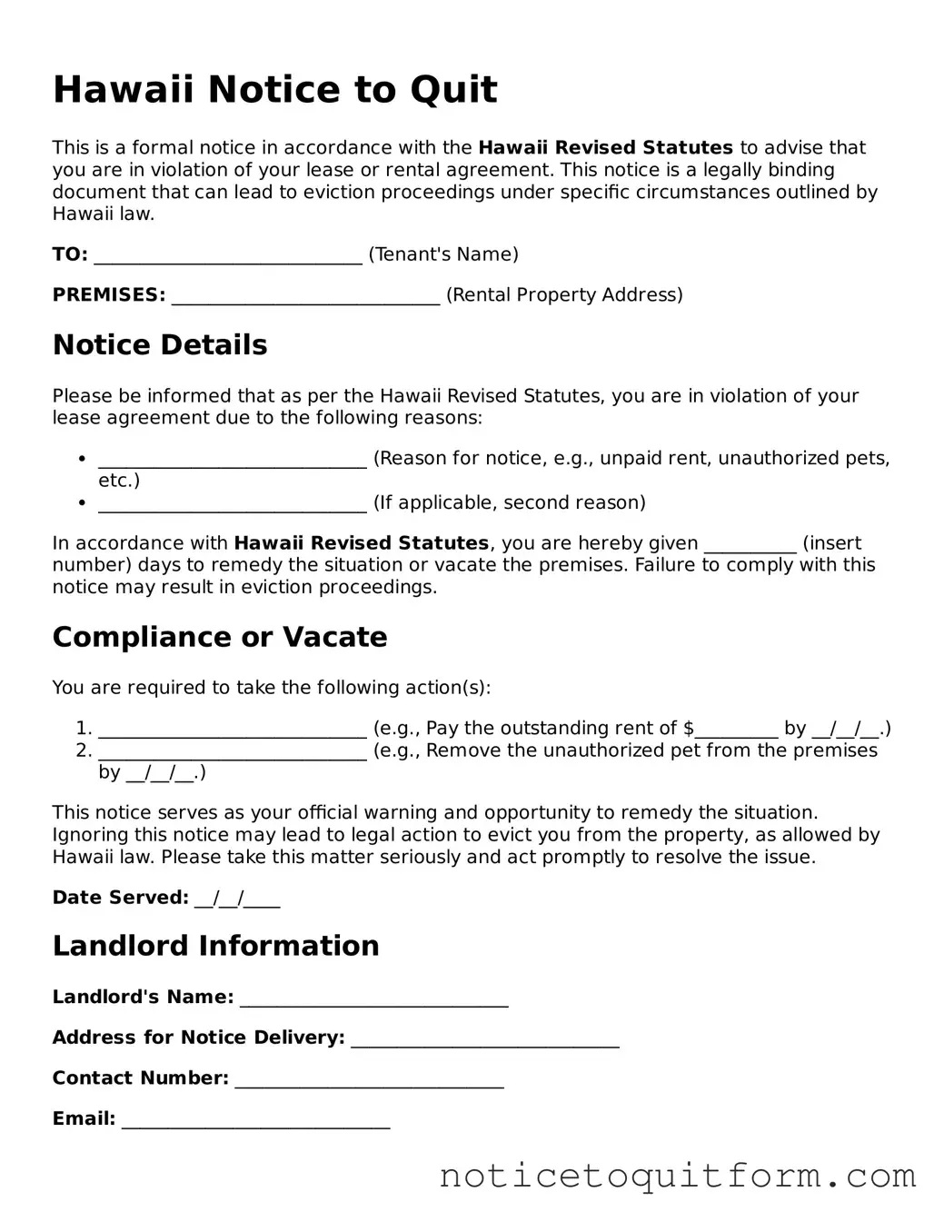 Valid  Notice to Quit Document for Hawaii