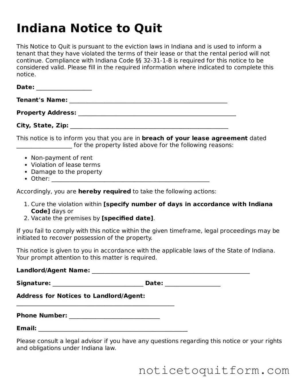 Valid  Notice to Quit Document for Indiana