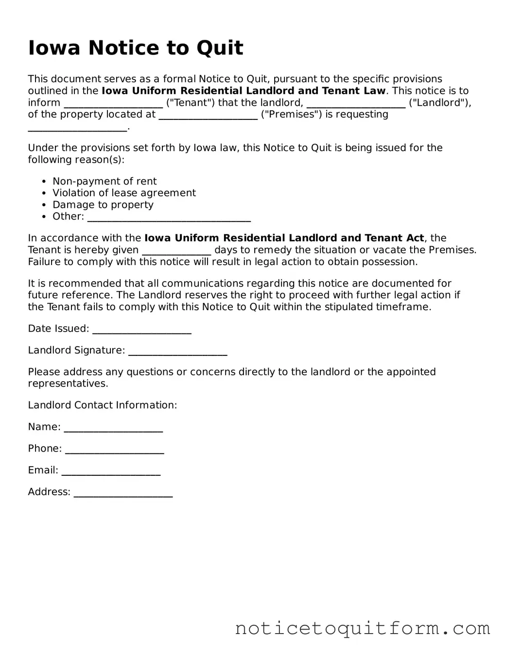 Valid  Notice to Quit Document for Iowa