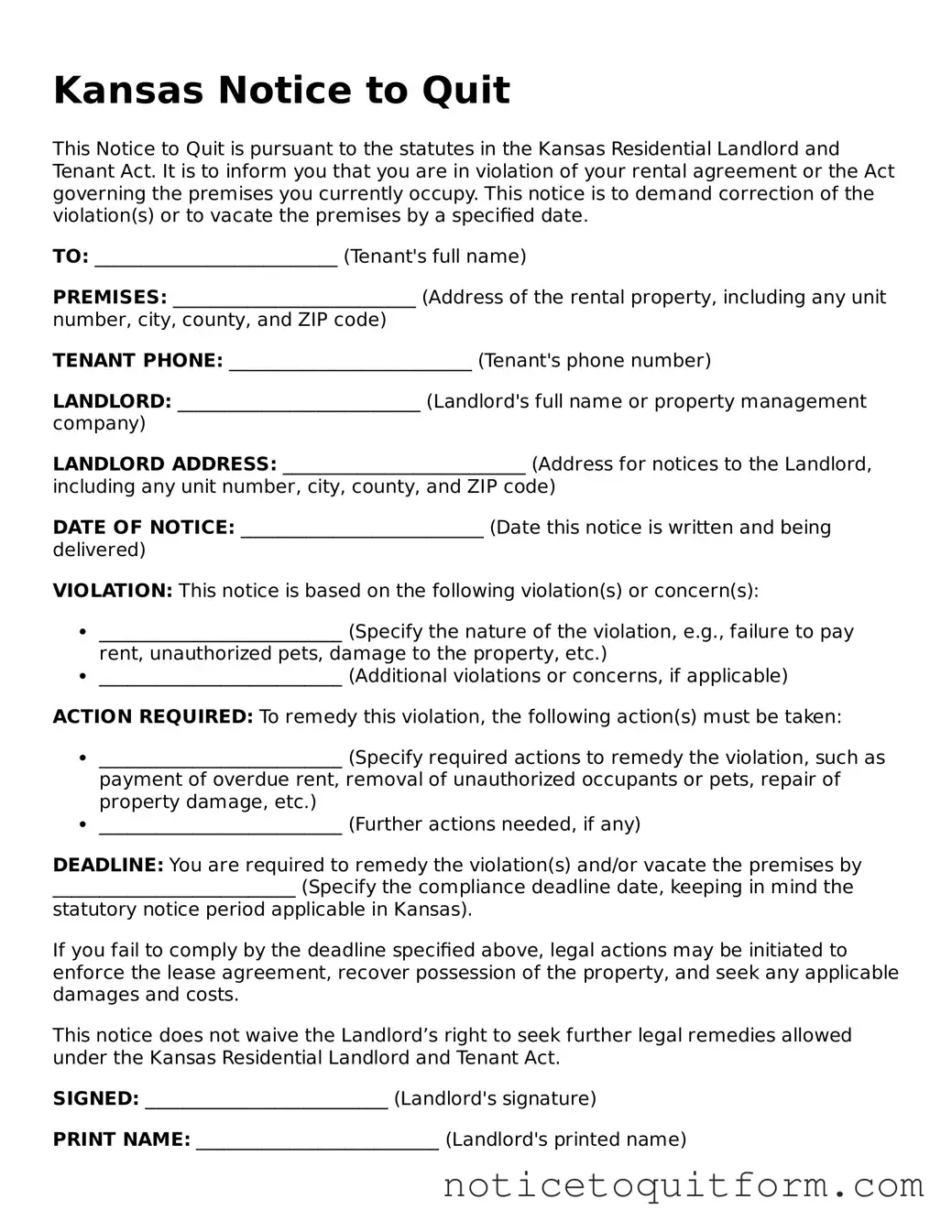 Valid  Notice to Quit Document for Kansas