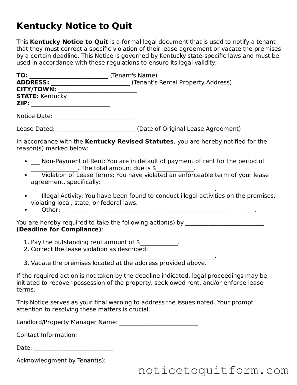 Valid  Notice to Quit Document for Kentucky