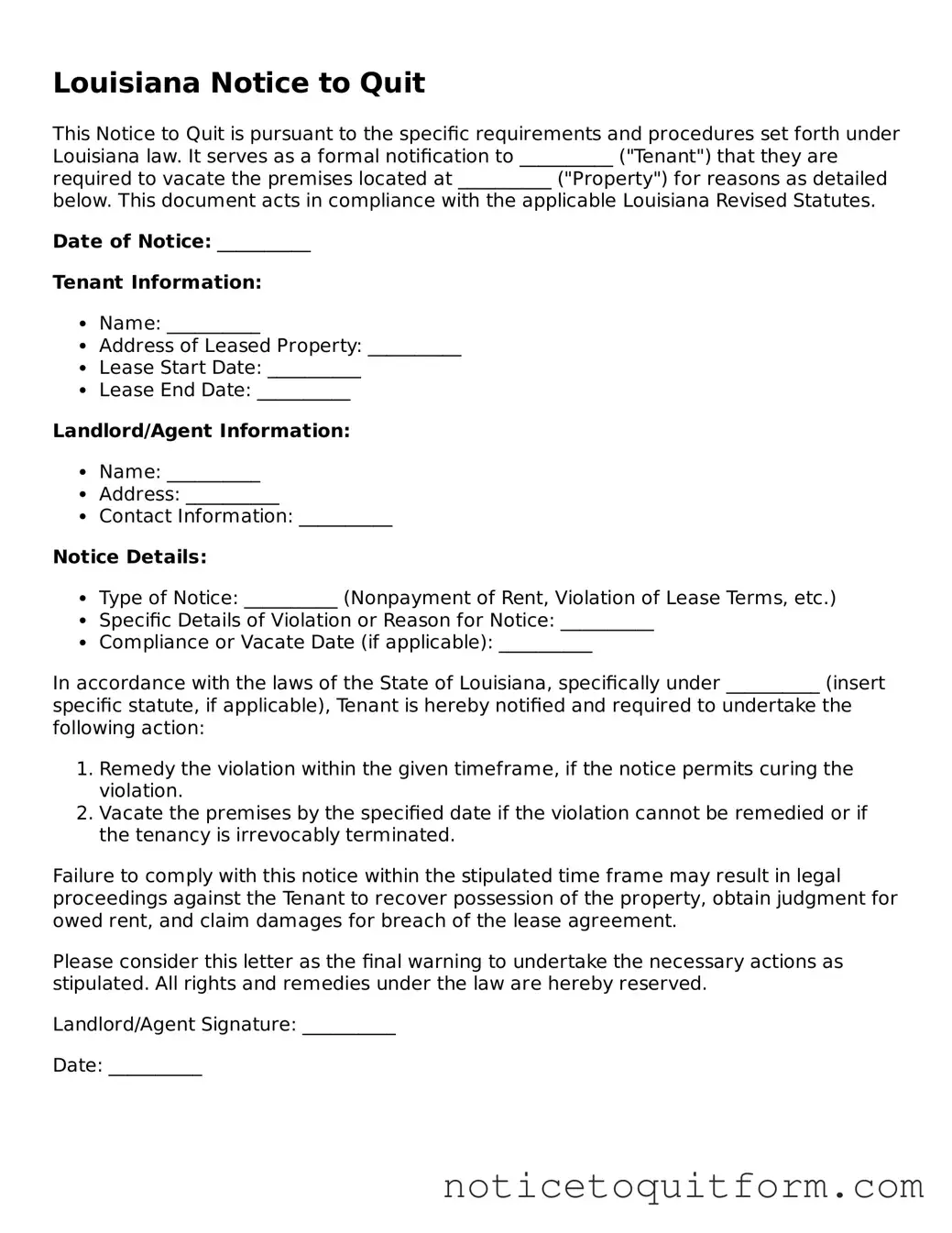 Valid  Notice to Quit Document for Louisiana