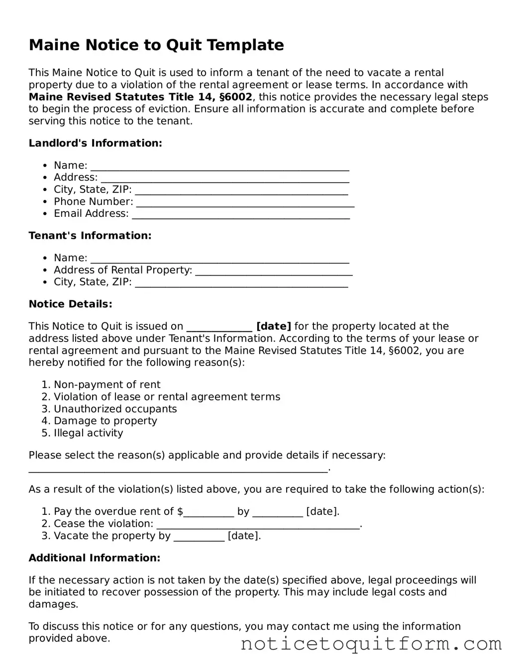 Valid  Notice to Quit Document for Maine