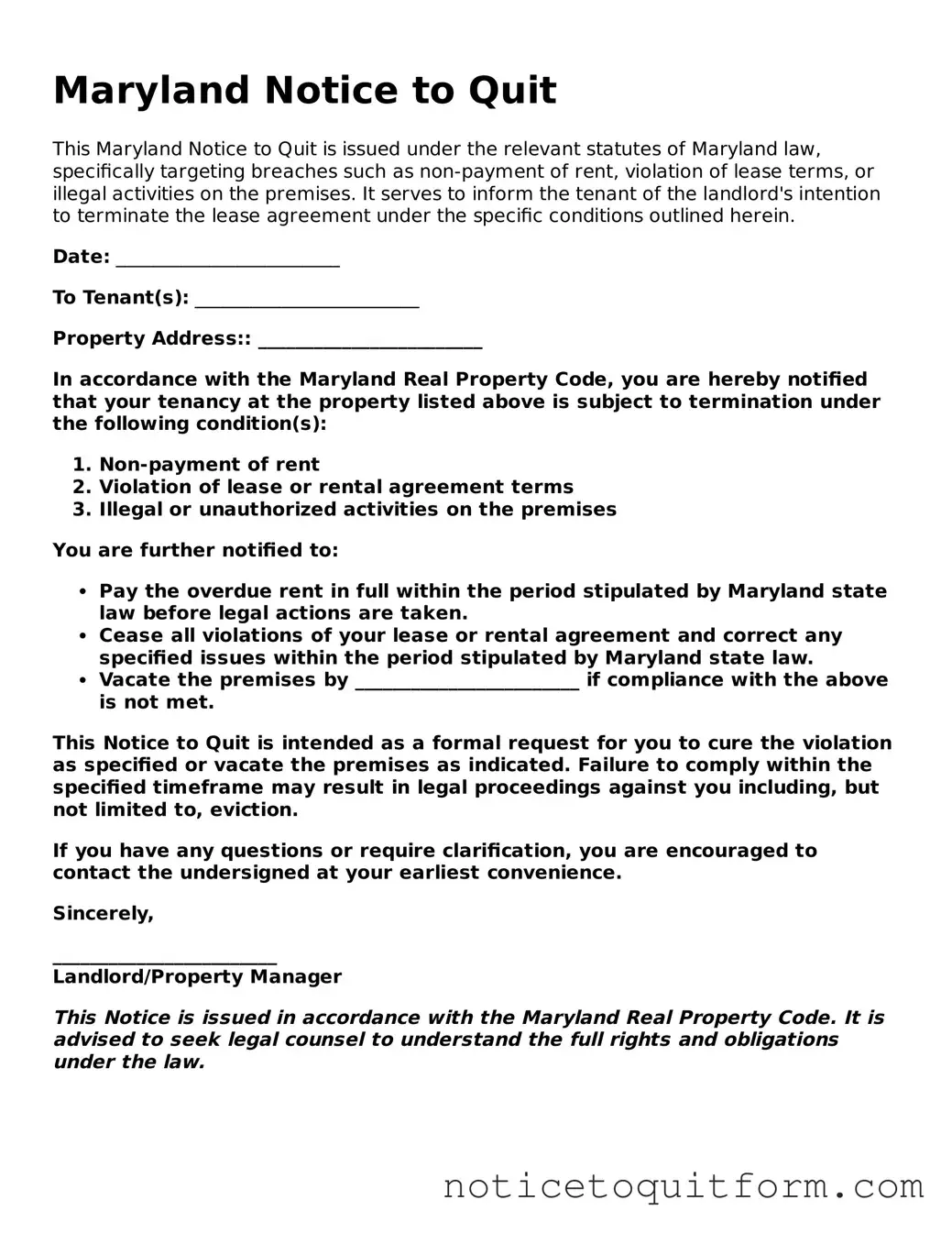 Valid  Notice to Quit Document for Maryland