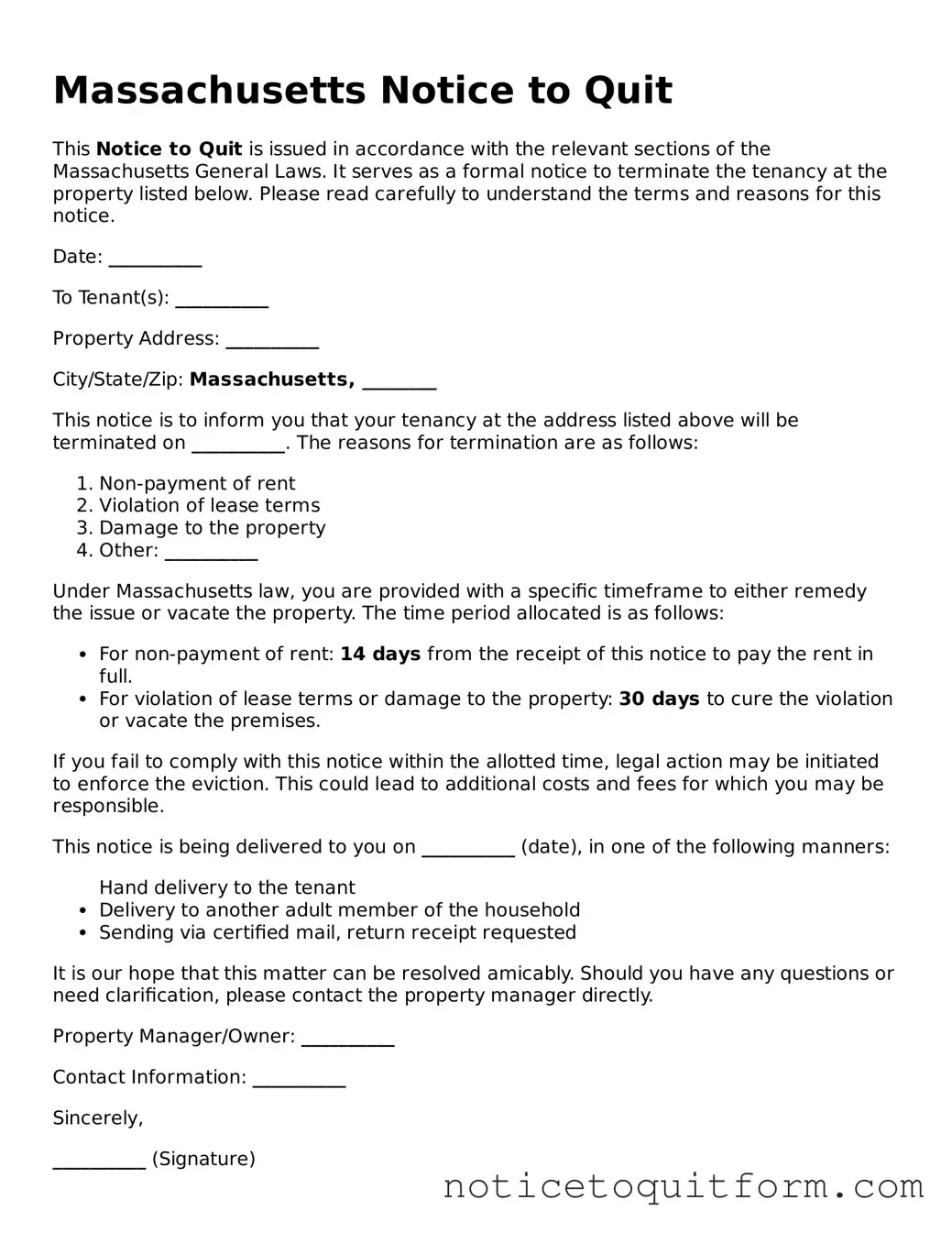 Valid  Notice to Quit Document for Massachusetts