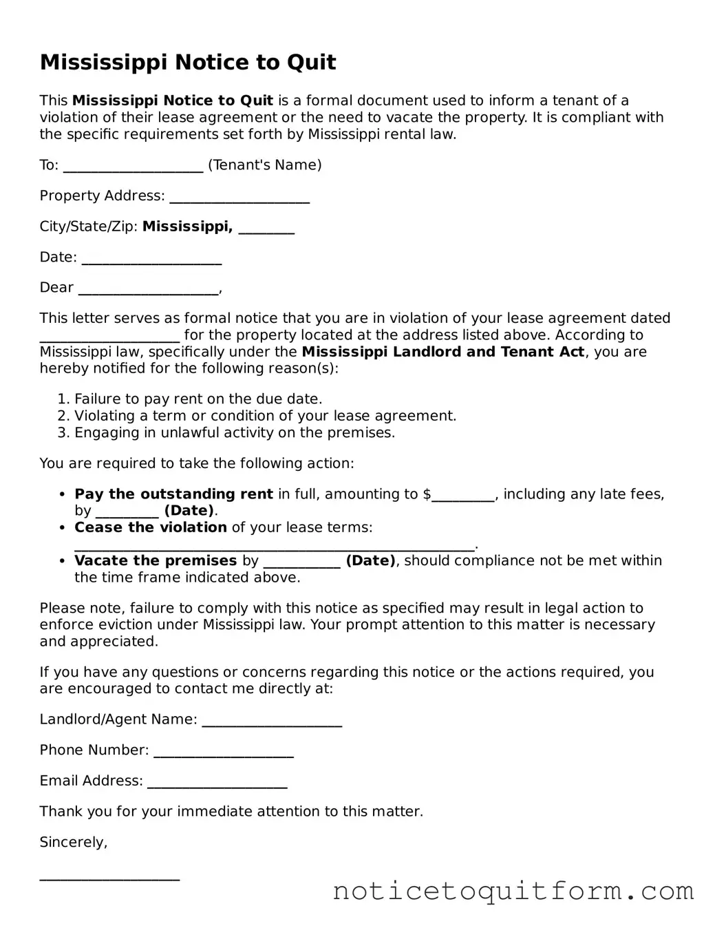 Valid  Notice to Quit Document for Mississippi