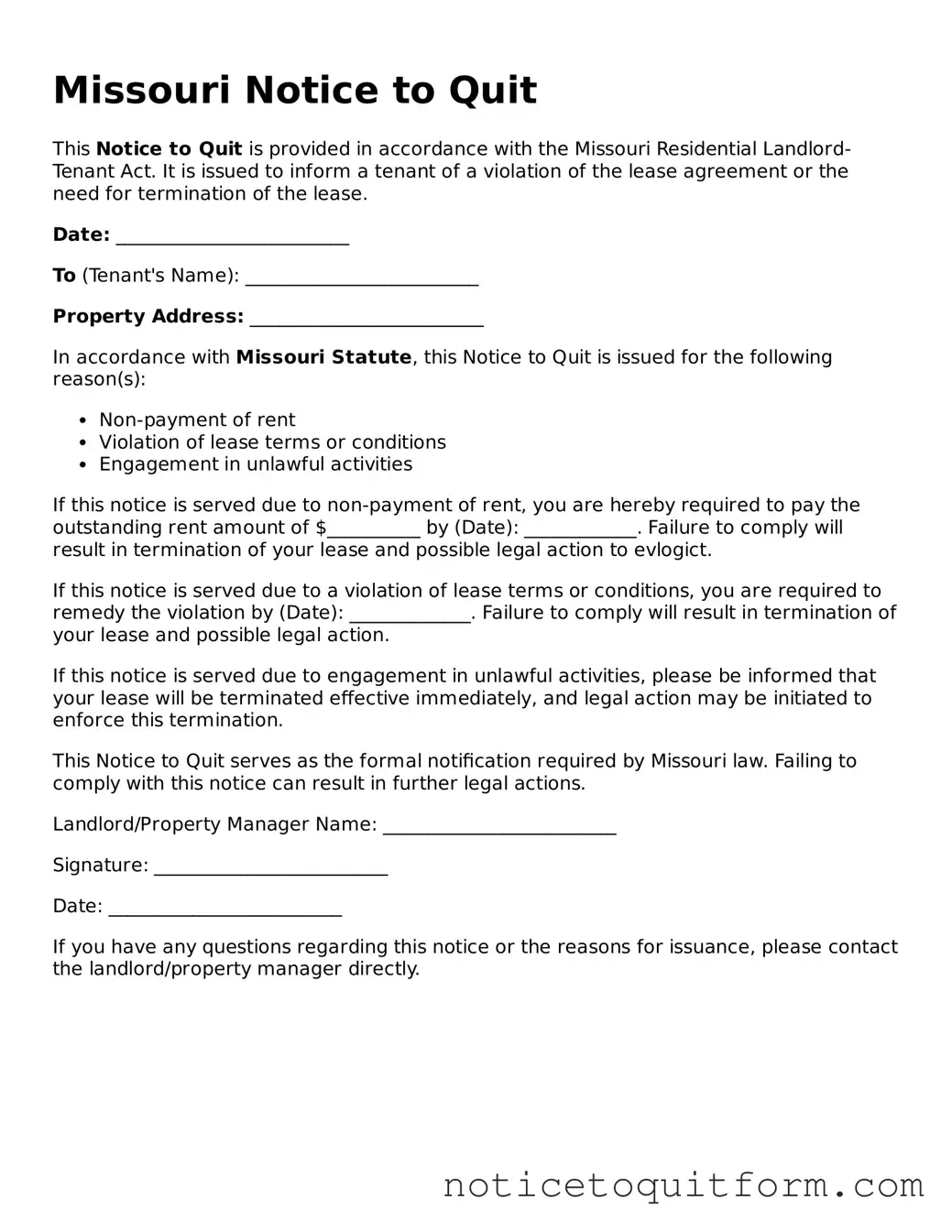 Valid  Notice to Quit Document for Missouri
