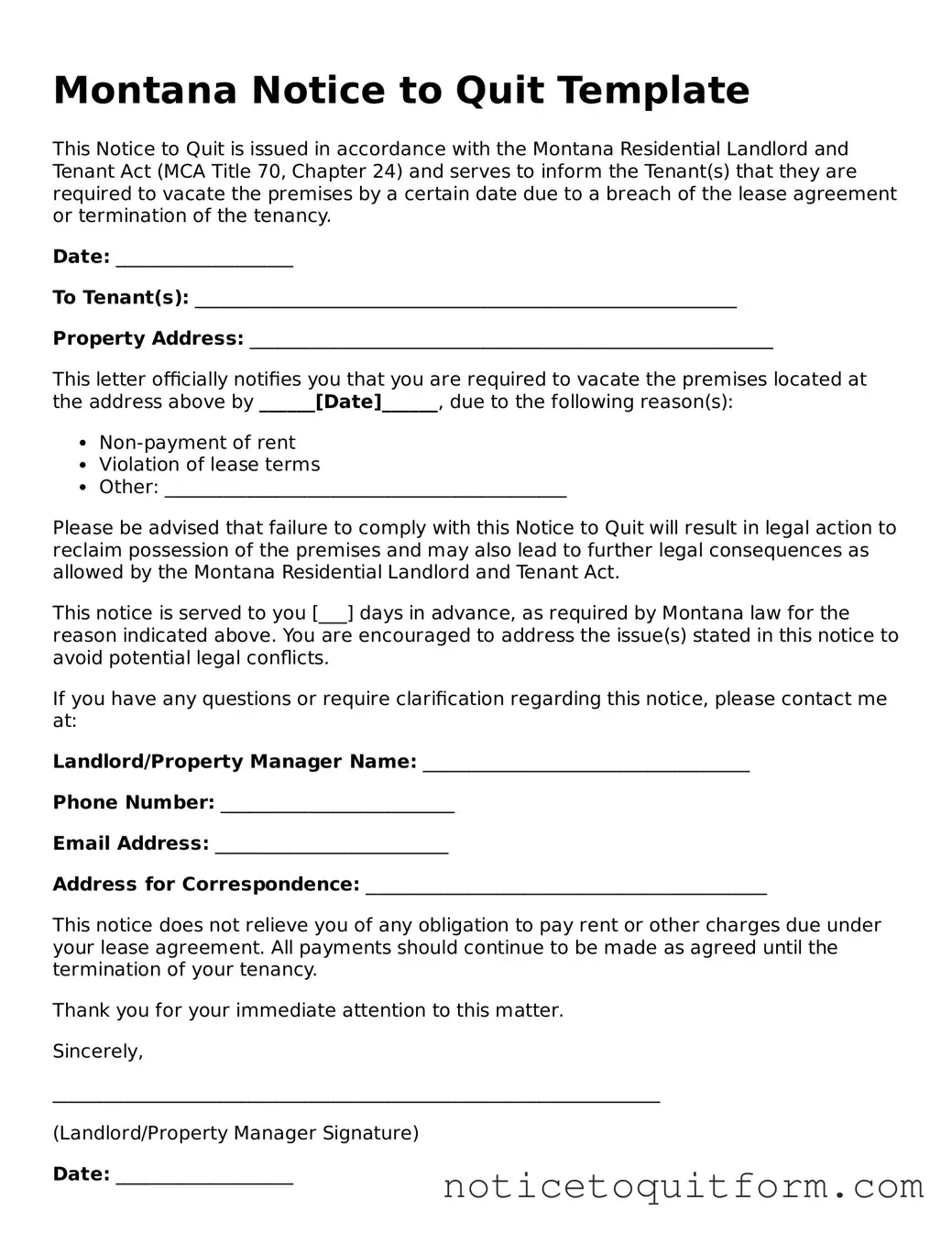 Valid  Notice to Quit Document for Montana