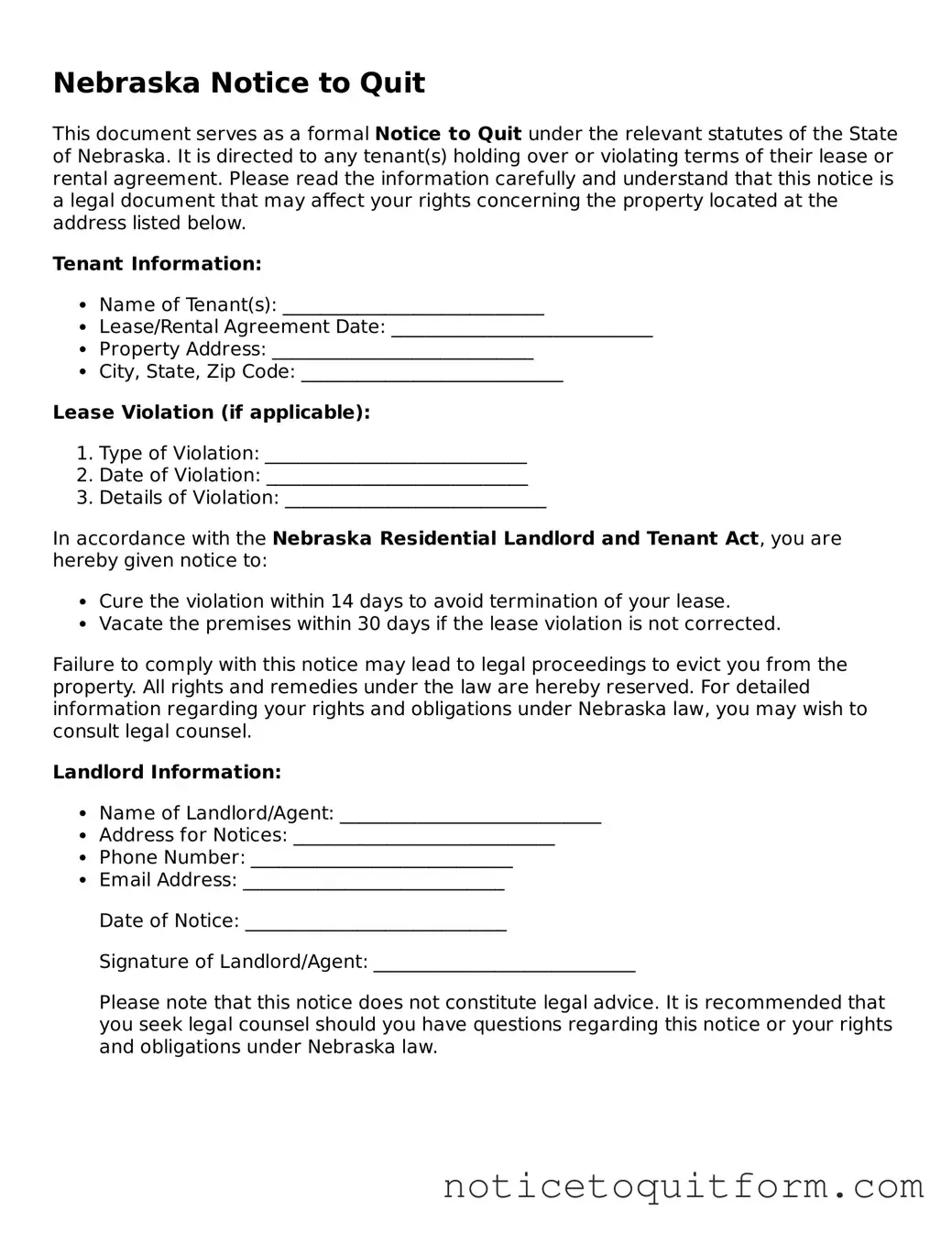 Valid  Notice to Quit Document for Nebraska