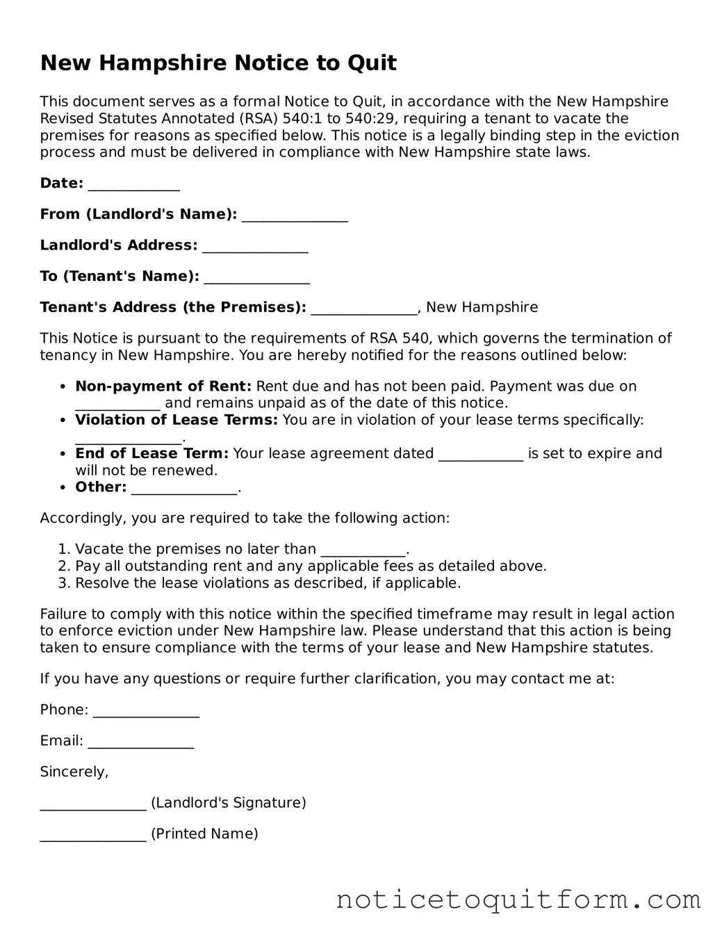 Valid  Notice to Quit Document for New Hampshire