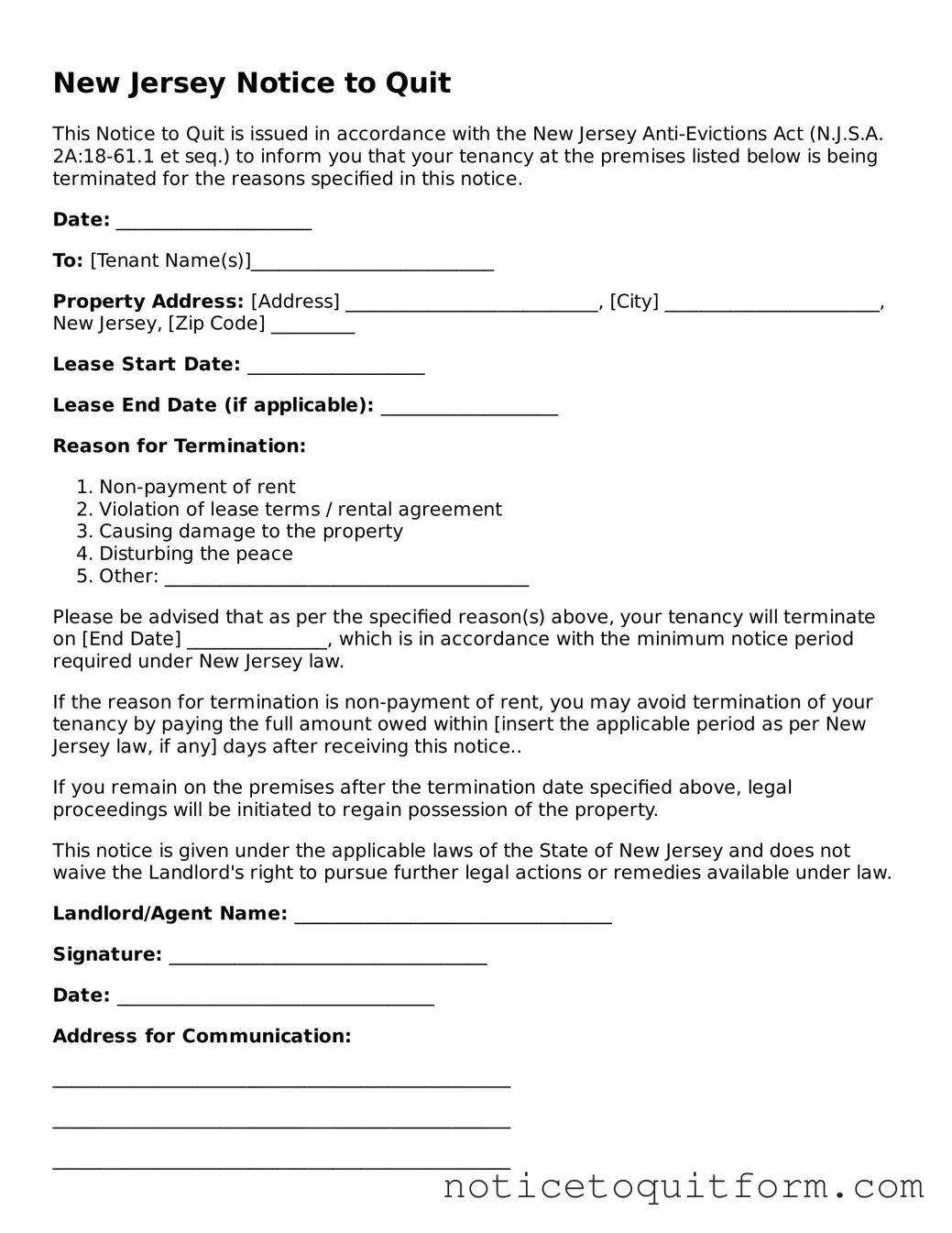 Valid  Notice to Quit Document for New Jersey