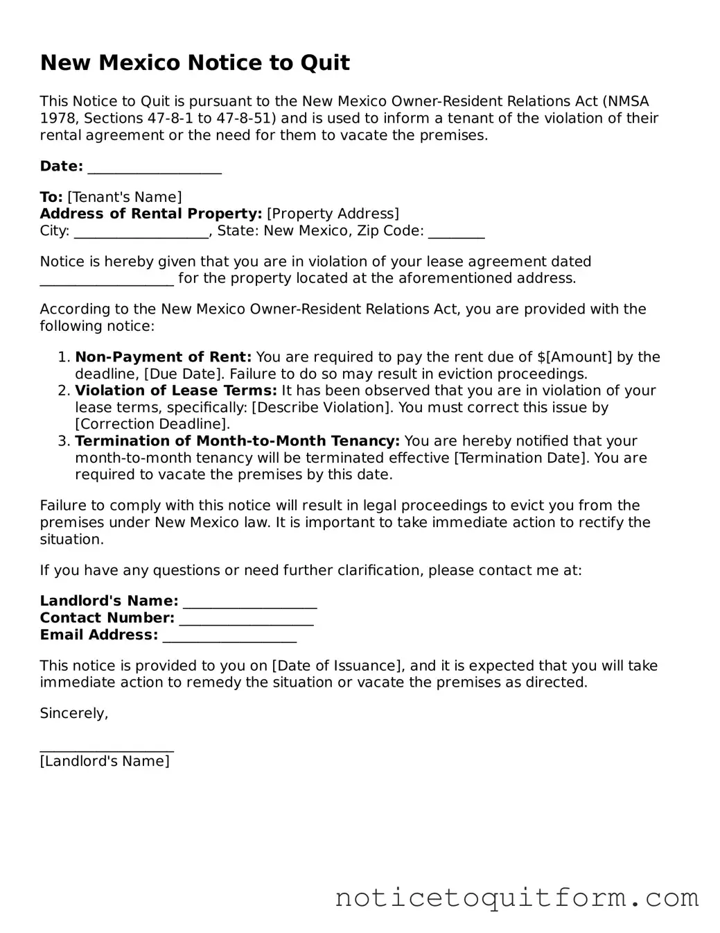 Valid  Notice to Quit Document for New Mexico