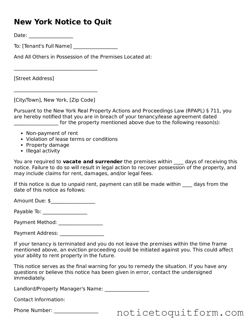 Valid  Notice to Quit Document for New York