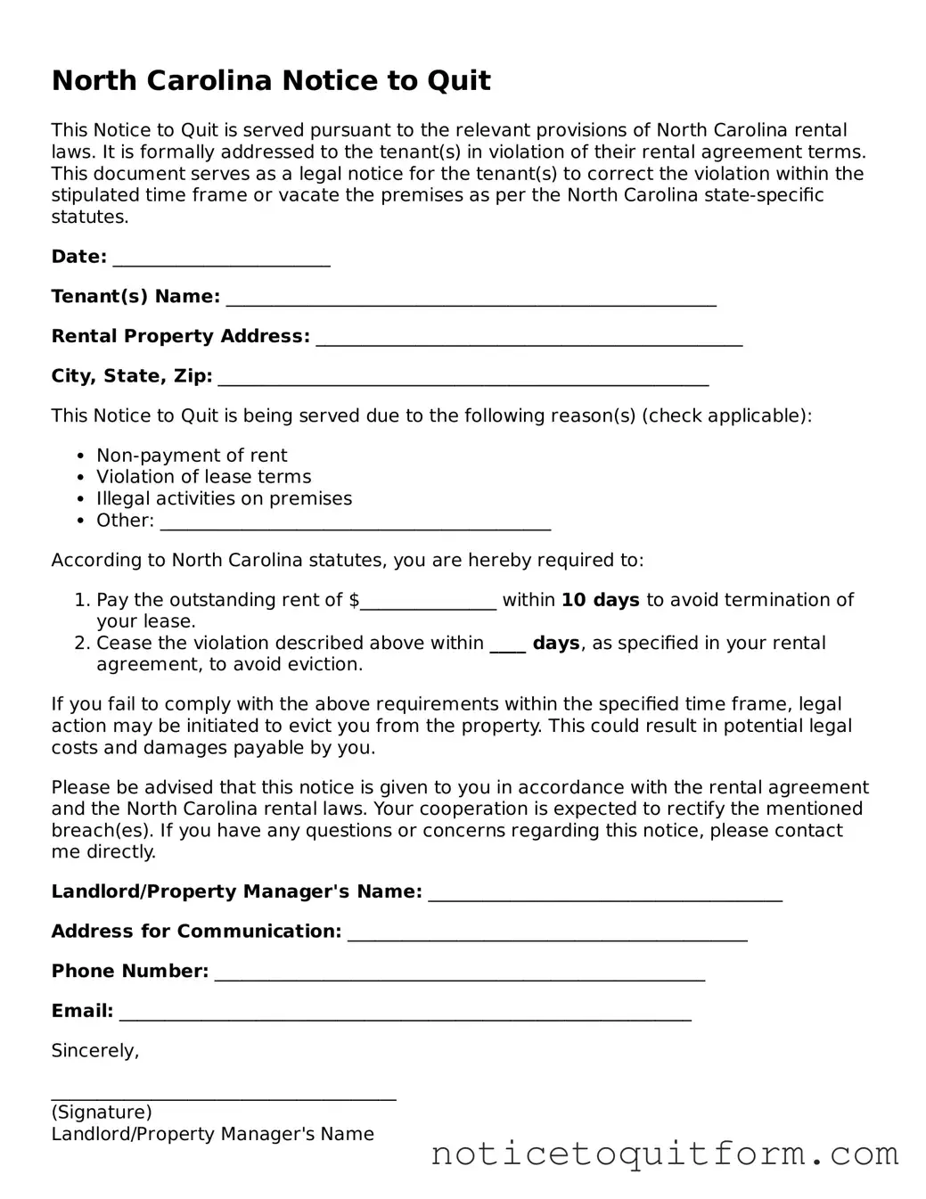 Valid  Notice to Quit Document for North Carolina
