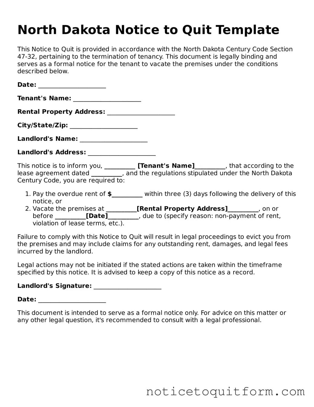 Valid  Notice to Quit Document for North Dakota