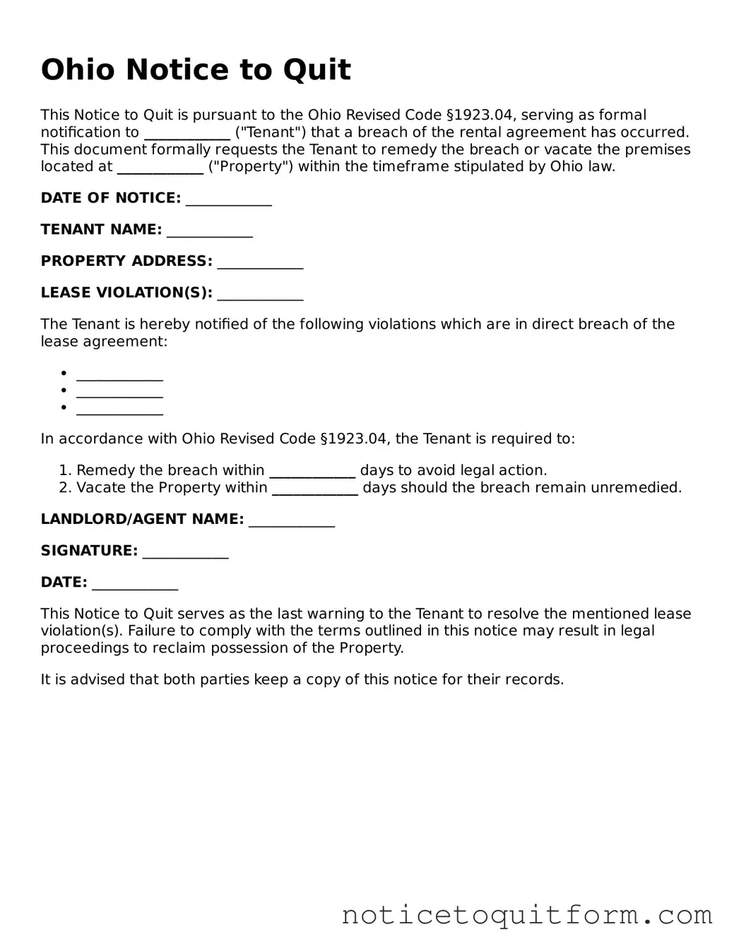 Valid  Notice to Quit Document for Ohio