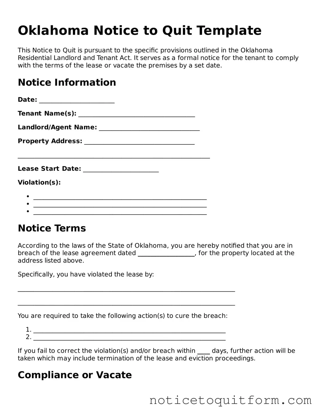 Valid  Notice to Quit Document for Oklahoma