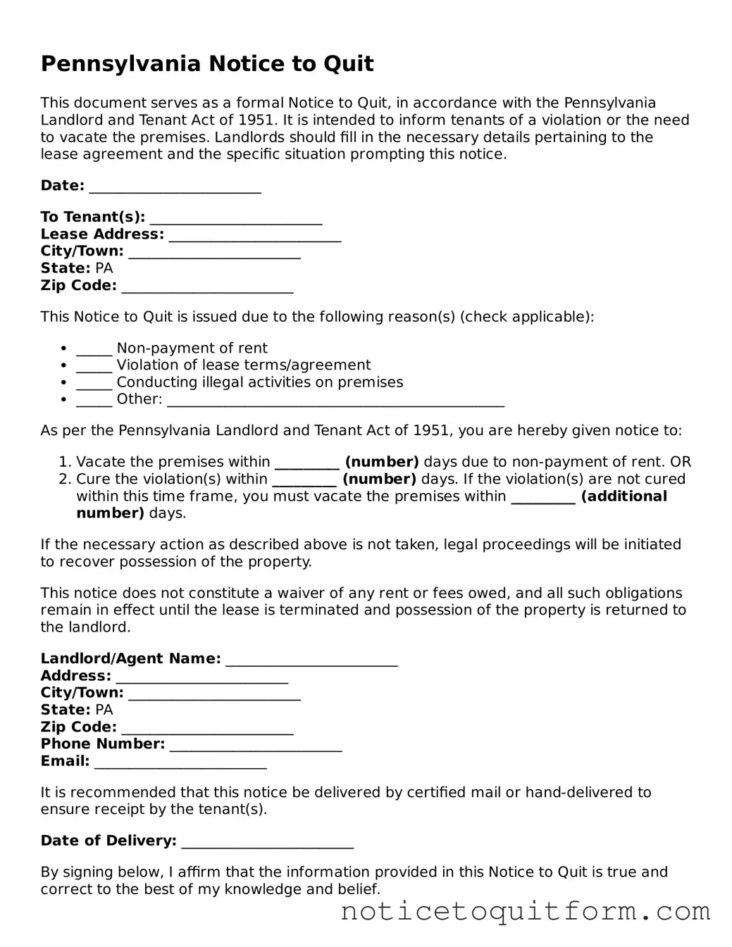 Valid  Notice to Quit Document for Pennsylvania