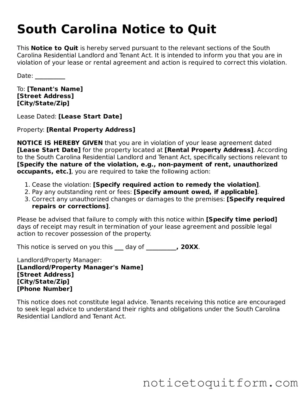 Valid  Notice to Quit Document for South Carolina