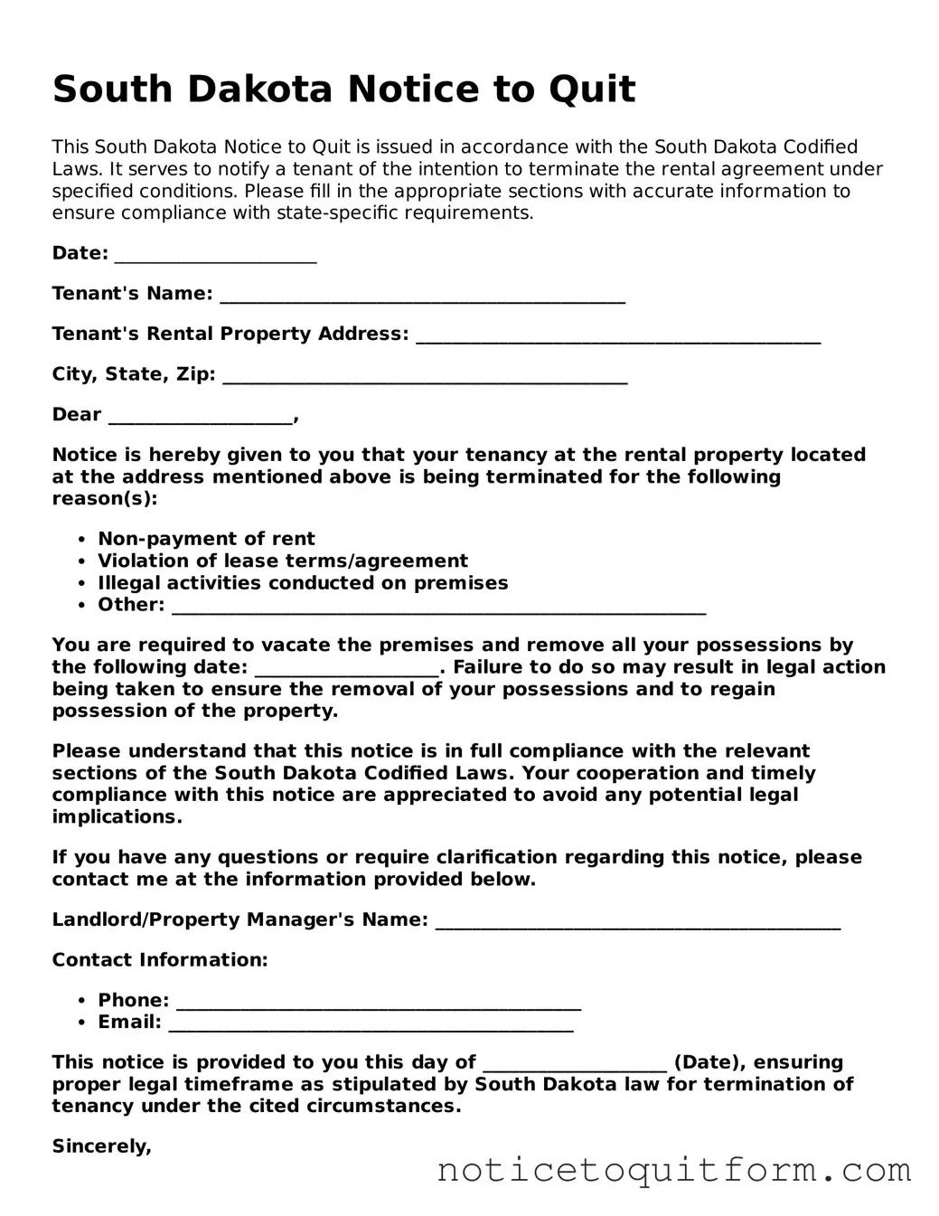 Valid  Notice to Quit Document for South Dakota