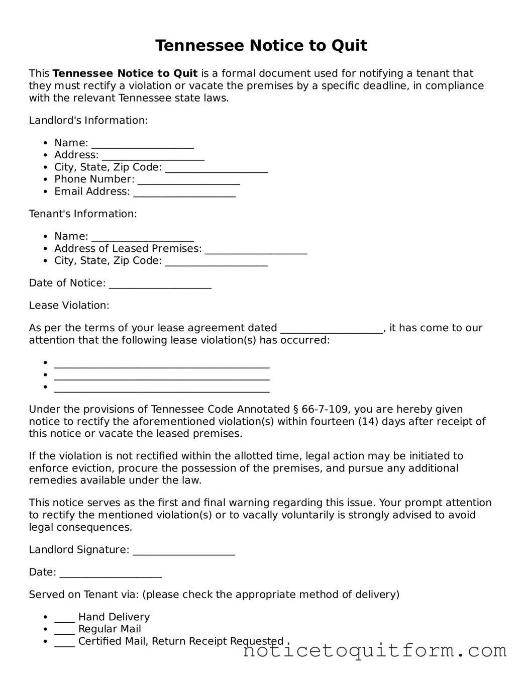Valid  Notice to Quit Document for Tennessee