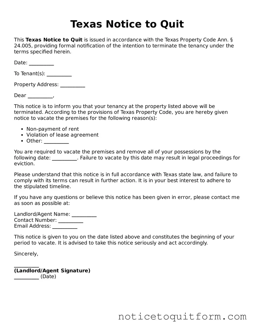 Valid  Notice to Quit Document for Texas