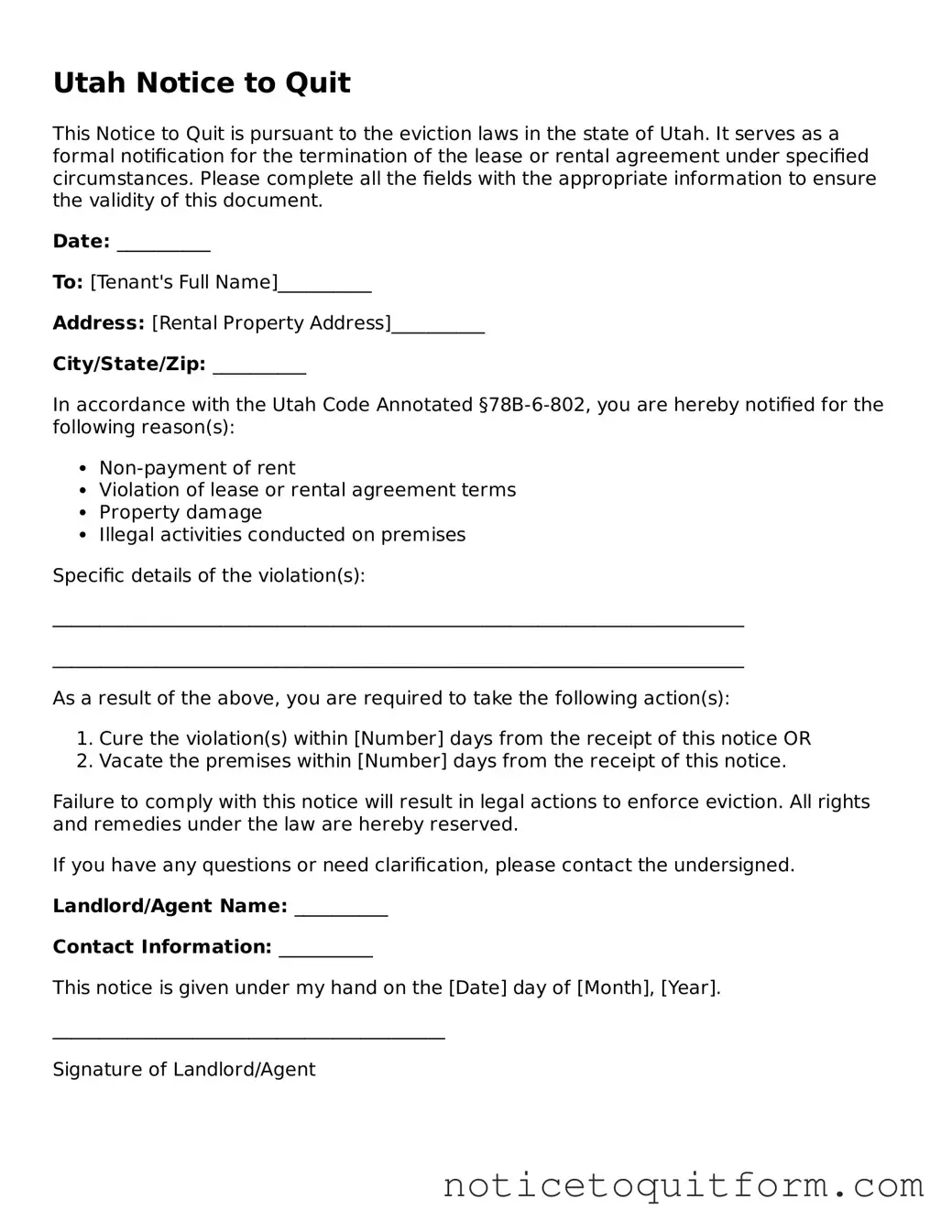 Valid  Notice to Quit Document for Utah