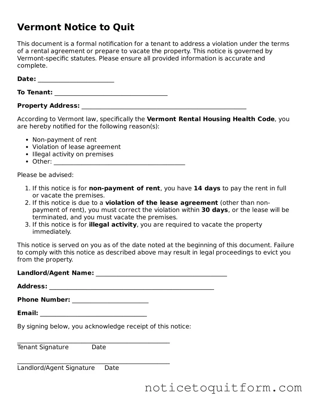 Valid  Notice to Quit Document for Vermont