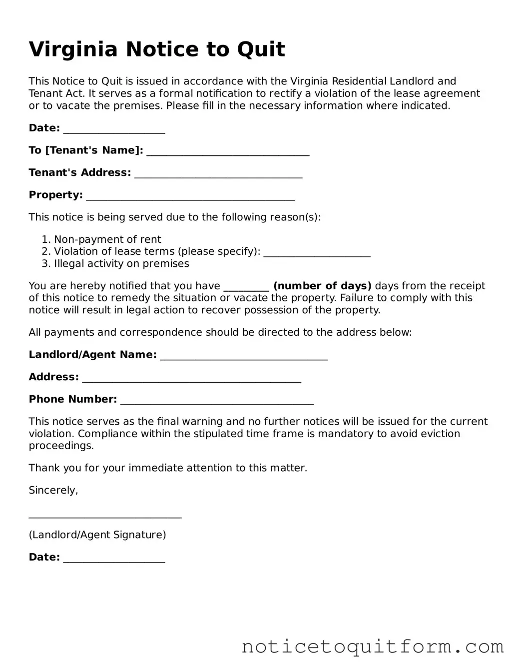 Valid  Notice to Quit Document for Virginia