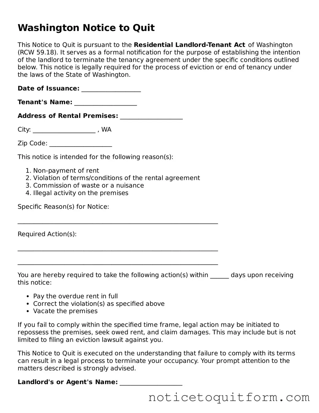 Valid  Notice to Quit Document for Washington