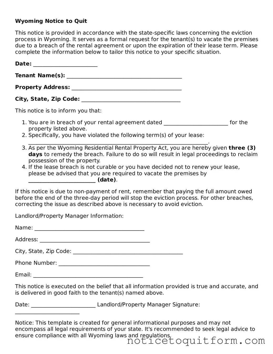 Valid  Notice to Quit Document for Wyoming